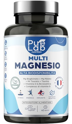 Multi Magnesio - Bisglicinato, Taurinato, Malato + Taurina Vegan + Vitamine B6 bioattiva, D, complesso B - Stanchezza & Stress - Alta biodisponibilità - 120 Capsule vegane, Fornitura di 40 giorni