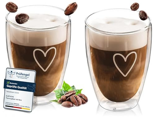 ElbFuchs® Latte Macchiato - Vasos de doble pared (2 vasos de 350 ml, con forma de corazón, térmicos de doble pared, ideales como vasos de capuchino, vasos de café, vasos de té)