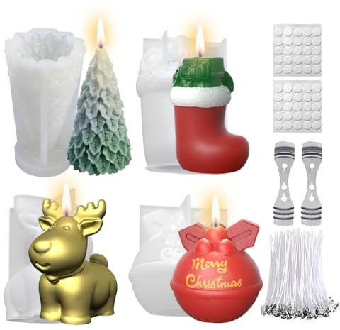 4 Pezzi Stampi per albero di Natale 3D per candele,Stampo Candela Albero di Natale,Stampo Candela Silicone Natale,Stampo silicone pigne,Pupazzo di Neve Stampi per Candele in Silicone(C)