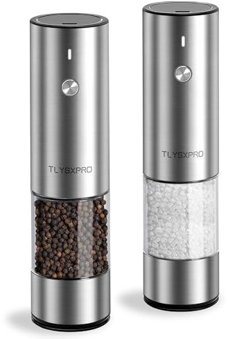 TLYSXPRO Salz und Pfeffermühle Elektrisch 2er Set, USB Wiederaufladbar, Einstellbarer Grobheit Gewürzmühle, Pfeffermühle Elektrische mit LED-Licht, Reinigungsbürste, Küchengeräte, Edelstahl