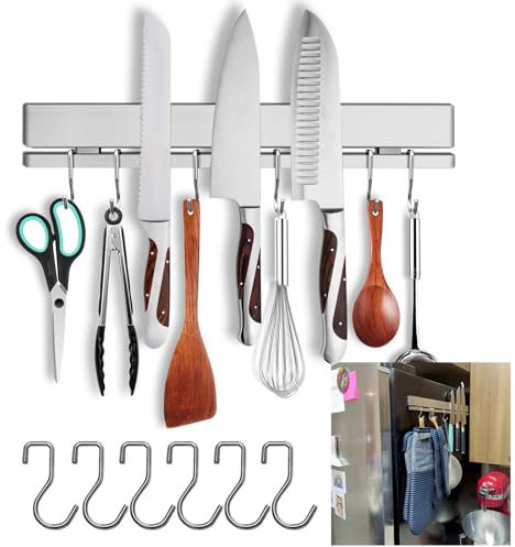 HomeSimplex 12 Inch Magnetic Knife Holder for Refrigerator with 6 Hooks - Double Sided Magnetic Knife Strip for Fridge - Premium Magnetic Knife Bar Rack - 304 Stainless Steel Kitchen Utensil Hanger