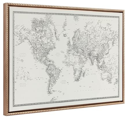 Kate and Laurel Sylvie Beaded Vintage Black and White World Map Vintage Framed Canvas Wall Art by The Creative Bunch Studio, 23x33 Gold, Modern Geographical Map Décor