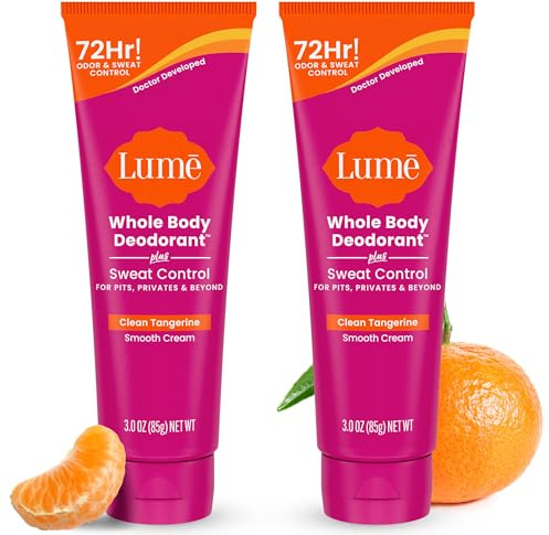Lume Whole Body Deodorant Plus Sweat Control - Smooth Cream Tube - 72 Hour Odor And Sweat Control - Baking Soda Free, Skin Loving - 3.0 ounce (Pack of 2) (Clean Tangerine)