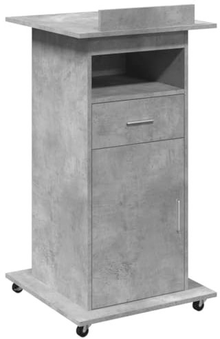 vidaXL Rednerpult, Stehpult mit Rollen Schublade, Mobil Stehtisch Rollbar mit Umrandung, Schreibpult Lesepult Neigbare Oberplatte, Betongrau Holzwerkstoff