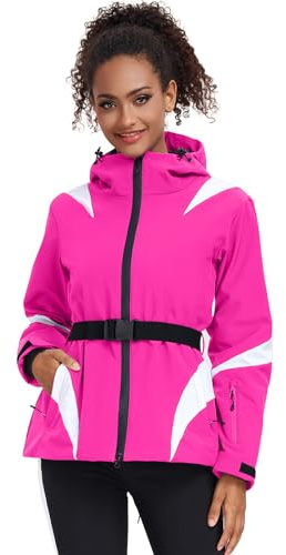 ALSOGO Cappotto da Donna per Sci Idrorepellente e Isolante per Snowboard Montagna con Cappuccio e Neve con Cintura, Rosa, L