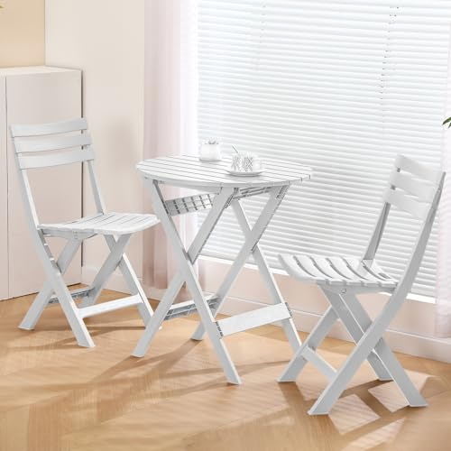 KAIHAOWIN Hopfällbart bistro-set, hopfällbart utomhus kafé bord och stolar för 2 små möbler, 3-delad veranda, trädgård, uteplats, vit