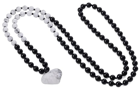 COAI Collana Cuore Donna Pietre Naturali, Collana Perle Mala 108 Grani in Onice e Howlite Annodate a Mano e Ciondolo Cuore di Howlite
