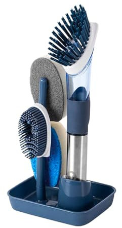 Ieron Blue Dish Scrubber Brush Set with 4 Multi-functional Heads and Handle Soap Dispensing Dish Brush Wash Up Brushes Sponge for Pot Pan Dish Sink Kitchen Cleaning