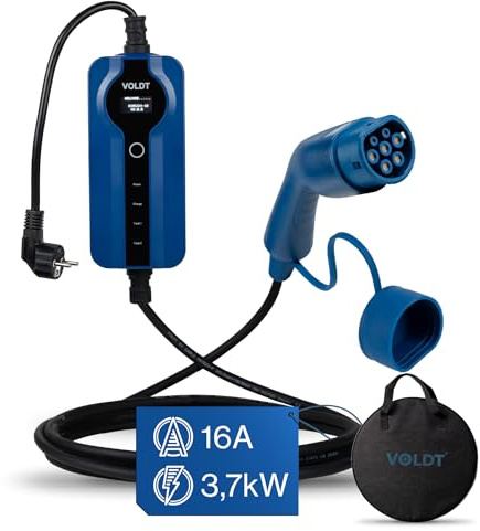 VOLDT Tipo 2 Cable de carga Schuko 3,7 kW, 1 fase, 8 A - 16 A, cargador EV ajustable con indicador digital controlable para coche eléctrico, cable de carga para vehículos eléctricos, IP67 resistente