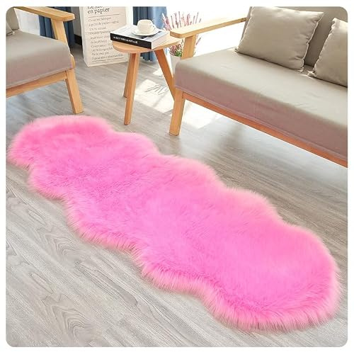 Rockreyoa lammskinn fårskinn matta falskt lammskinn fårskinn matta pälsmatta fuskpäls mjuk päls Carpet fuskpäls matta långhårig fluffig matta för sängmatta soffa rosa 60 x 180 cm
