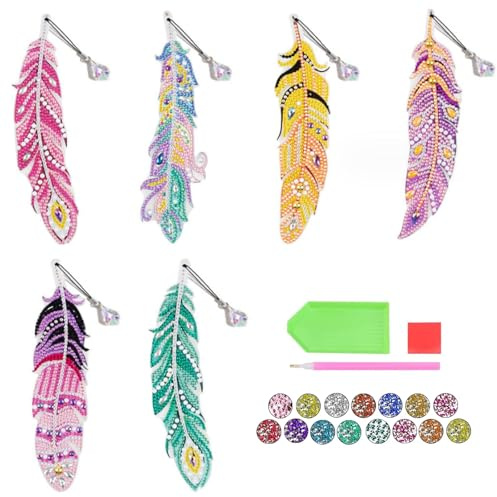 VIDSTW 6 Pcs Marque Page Diamond Painting avec 1 Trousse à Outils Marque pages DIY Peinture Diamant Enfant en Forme de Plumes de Peinture Diamant