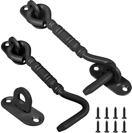 Pack of 2 Storm Hooks with Eyelet, 4 Inches, Black Window Hooks, Window Stopper, Upgraded and Thickened for Upper and Lower Door Storm Hooks, Made of Wood, with 8 Mounting Screws