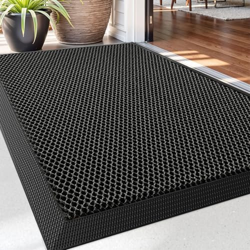 DEXI Front Door Mat Outside Entrance, 17x30 Welcome Entryway Doormat Dirt Trapper, Heavy Duty Non Slip Entry Mats for Patio Garage Porch Home, Dark Grey