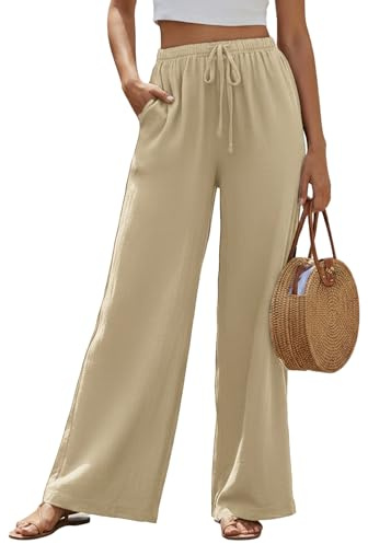 Womens Linen Trousers, Wide Leg Summer Pants with Pockets, High Waisted Elastic Waist Casual Loose Palazzo for Ladies Khaki