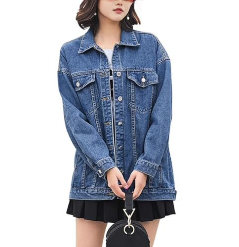 TANMESSO Chaqueta vaquera de gran tamaño para mujer, de longitud media, abrigo de motociclista, ropa de abrigo casual, azul, M