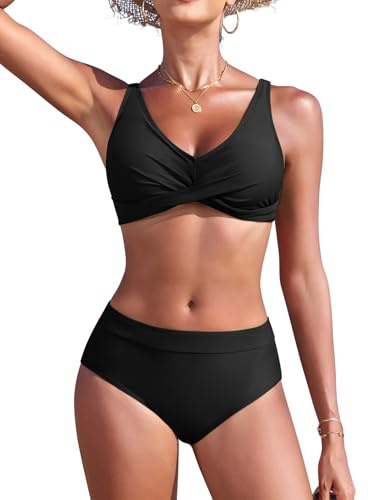 Nadeer Bikini för kvinnor, hög midja, tvådelad baddräkt, elegant, crossover bustier, badmode, v-ringad, push-up, baddräkt, svart, L