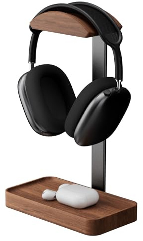 muso wood Valnöt hörlursstativ, trä headsetstativ med förvaringsbas, hörlurshållare för gaming, kontor och hemmaskrivbord – kompatibel med AirPods Max, Bose, Razer (svart)