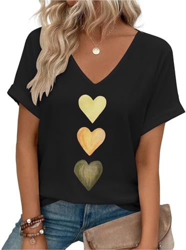 PASUDA Tee Shirt Femme Coton Col V Manche Courte T-Shirt Ete Décontracté Imprimé Amples Haut Chic et Elegant Blouse Tops