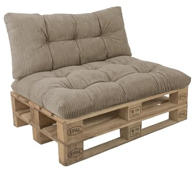 POKAR Set di 2 Cuscini per Pallet: Seduta 120x80 + Schienale 120x40 cm in Velluto a Coste | Cuscini Trapuntati per Bancali da Esterno e Divano da Giardino | Oeko-Tex | Prodotto nell'UE | Beige