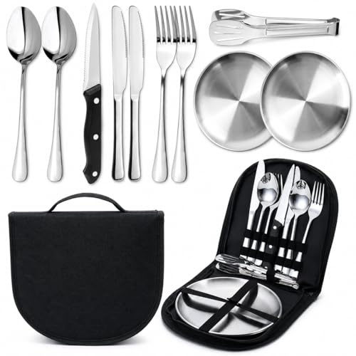 AURALIN Camping Cutlery Set Stainless Steel Picnic Tableware with Case | Includes 18 cm plates spoons forks knives bottle opener and zip case for outdoor meals picnics camping and travel