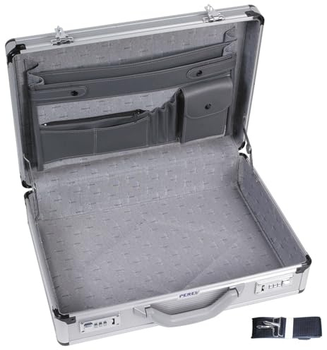 Perel Attaché-case pour ordinateur portable et documents A4, avec 2 serrures à combinaison, bandoulière et coins renforcés, parfait pour un usage quotidien, robuste, en aluminium, gris, 460 x 335 x
