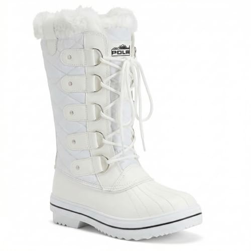 POLAR Womens Snow Boot Nylon Tall Winter Fur Lined Snow Warm Waterproof Rain Boot - White - 6-37 - CD0026