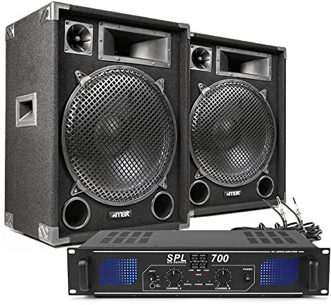 Skytec MAX 700W DJ Amplifier and Speaker Packages - Complete Speakers Set with Power Amp and Cable for Party Events, Disco and Live Performance