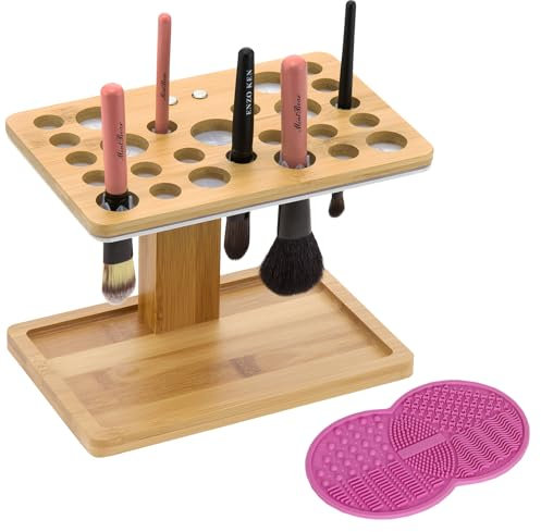 J JACKCUBE DESIGN Estante de secado de aire para brochas de bambú para maquillaje, cosméticos, torre de acrílico plegable, soporte para secadora, organizador de exhibición, bandeja de soporte de torre