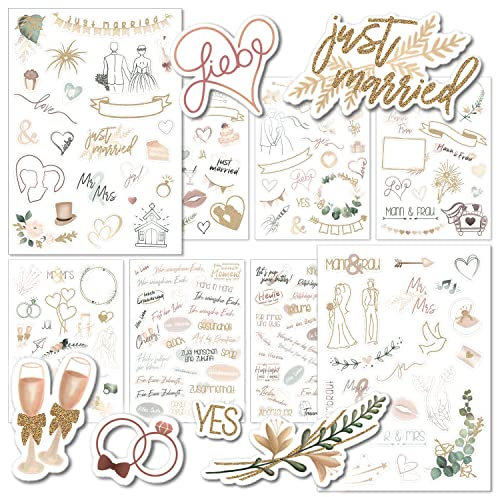WEDDLYN® – Sticker für die Hochzeit – 180 Aufkleber für Hochzeitsgästebuch – inspirierende Motive – perfektes Sticker Set für Fotoalbum Hochzeit - Pastell Farbe mit Glitzer (beige)