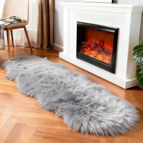 linmopm Super Soft Fluffy Faux Fur Sheepskin Rug Bedroom Floor Sofa Living Room Runner High-Density Cushion Plush Carpet Sofa Cover Bedside Rugs (Grey, 2x6 ft Sheepskin)