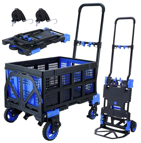 2 in 1 Hand Truck Dolly Foldable with Basket,Hand Truck Foldable with Retractable Handle,330LBS Capacity Folding Hand Cart,Portable Dolly Cart with Wheels for Moving