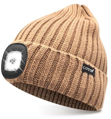 COTOP Bonnet Lumineux LED, Bonnet d'hiver Tricoté, Éclairage Frontale Mains Libres pour Course à Pied, Randonnée, Camping, Activités Nocturnes - Cadeau pour Hommes Femmes