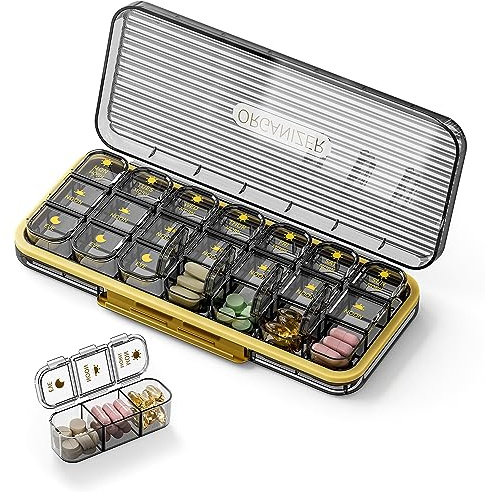 ROWNYEON Weekly Pill Box Organiser Pill Boxes 7 Day 3 Times a Day,Portable Daily Tablet Organiser Pill Dispenser with 21 Copartments to Hold Vitamins, Cod Liver Oil, Supplements and Medication,Black