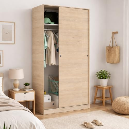 DMORA Armario Kilimanjaro - Armario para dormitorio, armario con 2 puertas correderas, 100 x 50 x 204 cm, roble