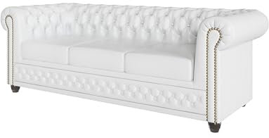 S-Style Möbel George Sofa 3-Sitzer Chesterfield-Sofa für Wohnzimmer Lounge Couch Aus Veganem Leder Möbel Freistehende Polster Sofas & Couches Couchgarnitur Weiß 203 x 86 x 72 cm
