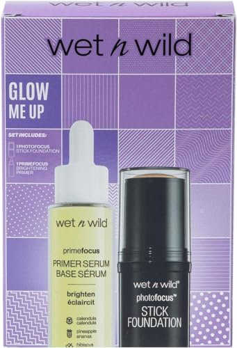 Wet n Wild Glow Me Up Set, Schminkset mit Brightening Face Primer Serum & Photo Focus Stick Foundation in der Farbe Soft Beige, Schminkset für einen Strahlenden Look und Intensive Feuchtigkeit