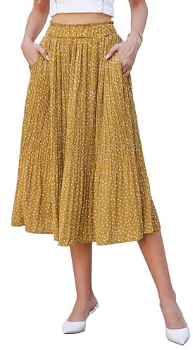 Hotouch Rock Damen Sommer Elegant Chiffon Lang Elastische Taille Plisseerock Swing Faltenrock mit Taschen Gelb Größe L