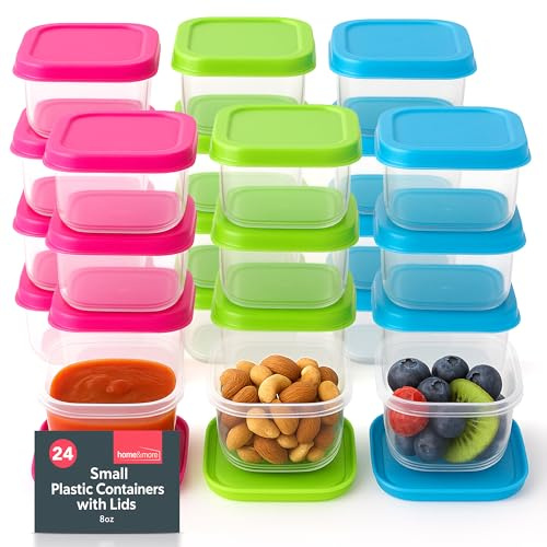 SOL 24pk Small Plastic Food Containers with Lids 6cm x 6cm x 3.5cm Kids Snack Box Stackable Freezer Storage Pots Reusable Food Holders for Lunch Portions Home Kitchen Organisation