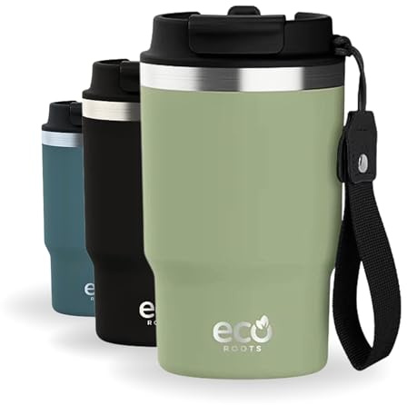 ECOROOTS - Thermos da Caffè per il Trasporto I Bicchiere Termico Esterno, Antigoccia I Senza BPA I Tazza Caffè per Viaggi e Avventure I Thermos Resistente per Sport e Ufficio (VERDE ARMY, 470 ml)