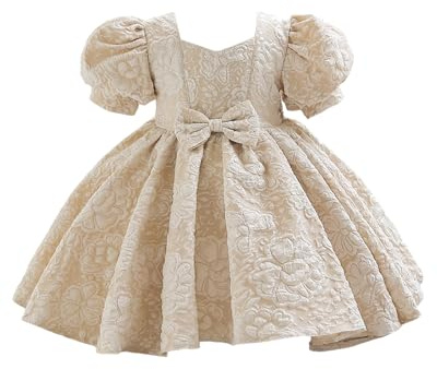 Momkonzz Flower Girl Dresses for Baby Girls Party Dresses Toddler Puff Sleeve Pageant Dress with Bowknot 9M-3T (Beige, 9-12M)