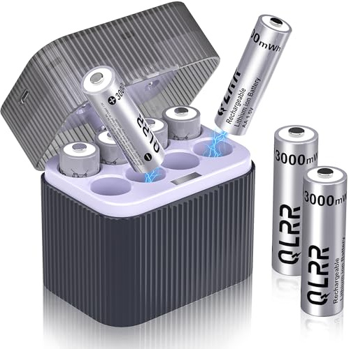 QLRR Rechargeable Lithium AA Batteries with Fast Charger 8 Pack 1.5V 3000mWh High Capacity AA Batteries Constant Output Li-ion Double a Batteries Cycle Times up to 1200x