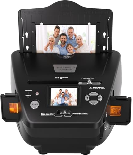 Photo and Slide Scanner with 2.4” LCD Screen, Convert Negatives & Slides 35mm/135 Film, Photo(3R,4R,5R), Business Card to 22MP JPEG Digital Photos, 4GB SD Card Included