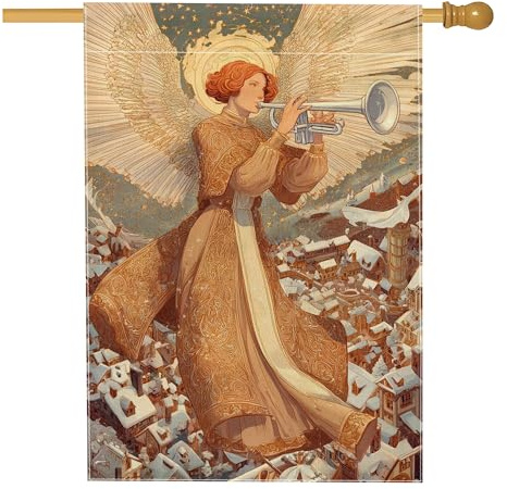 Bandiera natalizia per casa degli angeli, fantasiosa tromba con stelle natalizie dorate su entrambi i lati, grande bandiera da giardino per esterni, patio, prato, ingresso campeggio, 71 x 101 cm