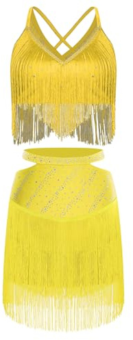 ranrann Femme Robe Danse Latine Strass à Franges Ensemble Tenue Crop Top et Jupe Danse Samba Rumba Salsa Jazz Costume Dancewear Jaune M
