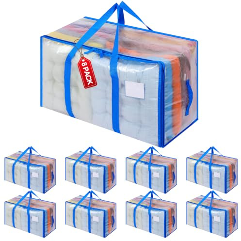 Dntorx 8 Pack 105L Moving Bags Clothes Storage Bags Drom Packing Box, Blue | PP Woven Material, Clear Design, Strong Handles, 150lb Load, Label Window, For Clothes, Bedding, Toys, Moving and Storage