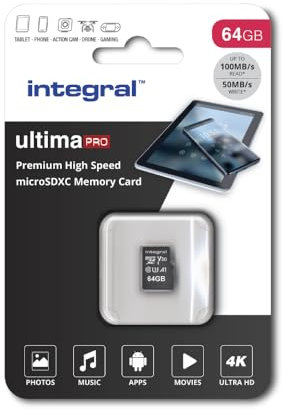Integral Ultimapro - Memory Card 64 GB microSDHC/100 MB/s/Class 10 UHS-I U3/ V30 + Adapter