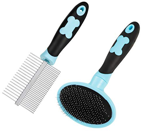 tonyg-p Dog Grooming Brush Comb Kit, Soft Slicker Brush + Double Sided Grooming Comb for Small Medium Large Pets with Long Hair (Blue)