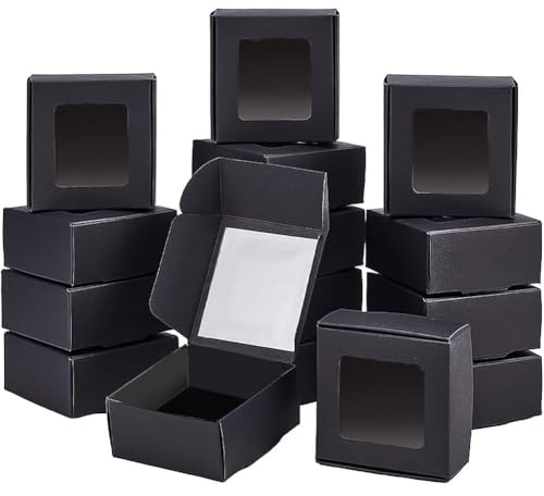 BENECREAT 30 paket kraftpapperslådor med genomskinligt fönster 6,5 x 6,5 x 3 cm svarta presentförpackningar lådor för alla hjärtans dag kakor godis tårta bröllopsfest gynnar