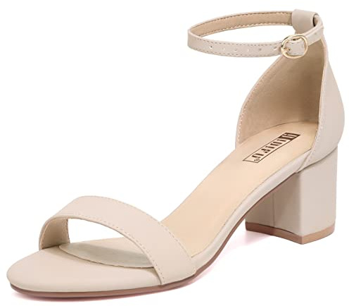 IDIFU Women's Cookie-LO Low Block Heels Chunky Sandals Ankle Strap Wedding Dress Pump Shoes(Nude Nubuck, 7.5)