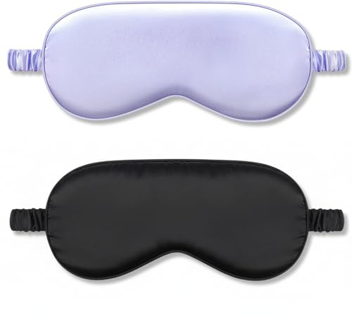 IEKEODI 2 Pack Silk Sleep Masks, Light Blocking Eye Masks, Black & Purple | Soft, breathable silk eye masks with gentle elastic straps to fit most faces; ideal for sleep, travel, naps and night shifts.
